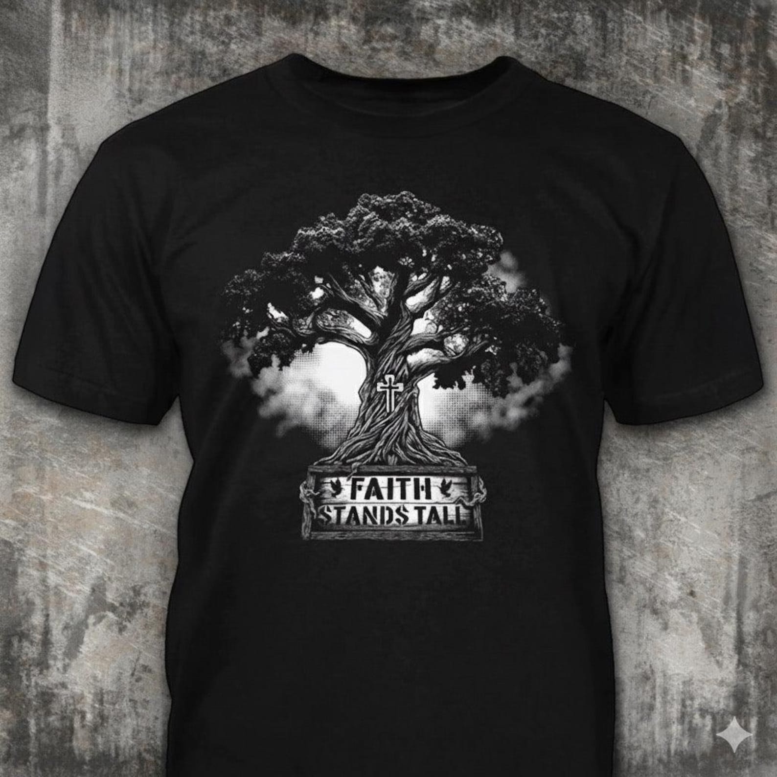 Faith Stands Tall - Distressed Tree Of Life Cross T-Shirt: Christian Religious Gift 4XL