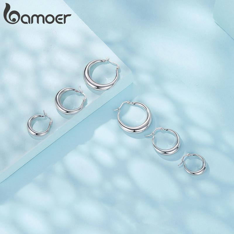 BAMOER White Gold Plated Hoop Earrings Chunky Earring with 925 Silver Ear Buckles Punk Women Hypoallergenic Ear Jewelry