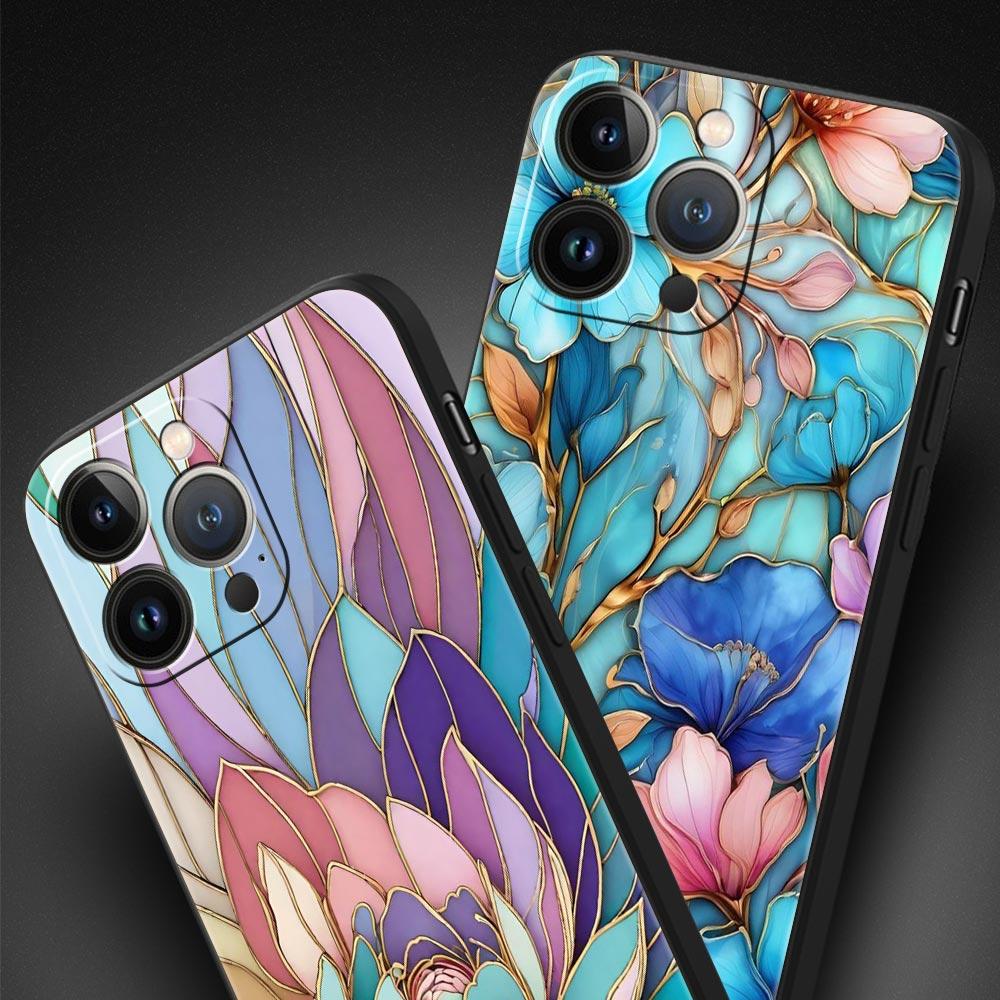 Fashion Flower Pattern Phone Case For iPhone 17 16 15 Pro Max 11 12 13 14 7 8 Plus SE 2020 X XR XS Cover Soft Black