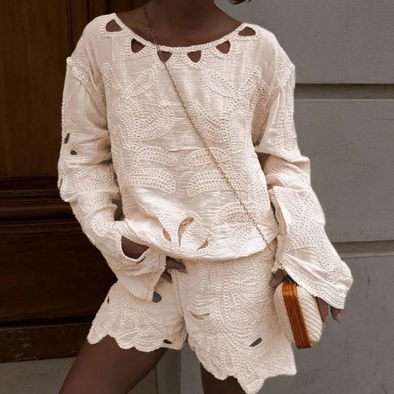 

European and American Crochet New Hollow French style Women clothes Embroidery Shorts Set Embroidered Shorts Set Beige One size