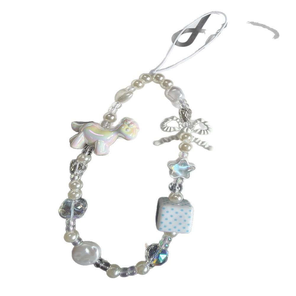 Stylish White Pony Bow Bead Phone Chain and Camera Bag Pendant Lanyard