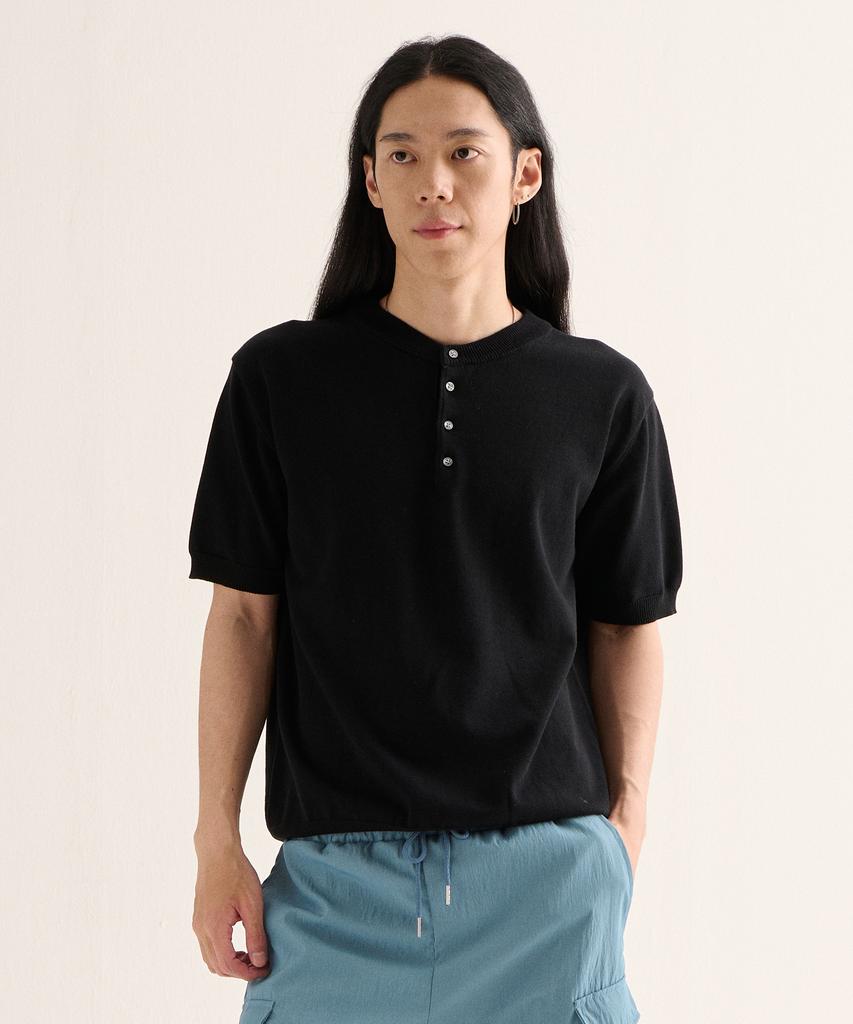 ANALOG MOOD Formal Henley Neck Cooling Short Sleeve Knit (Black)