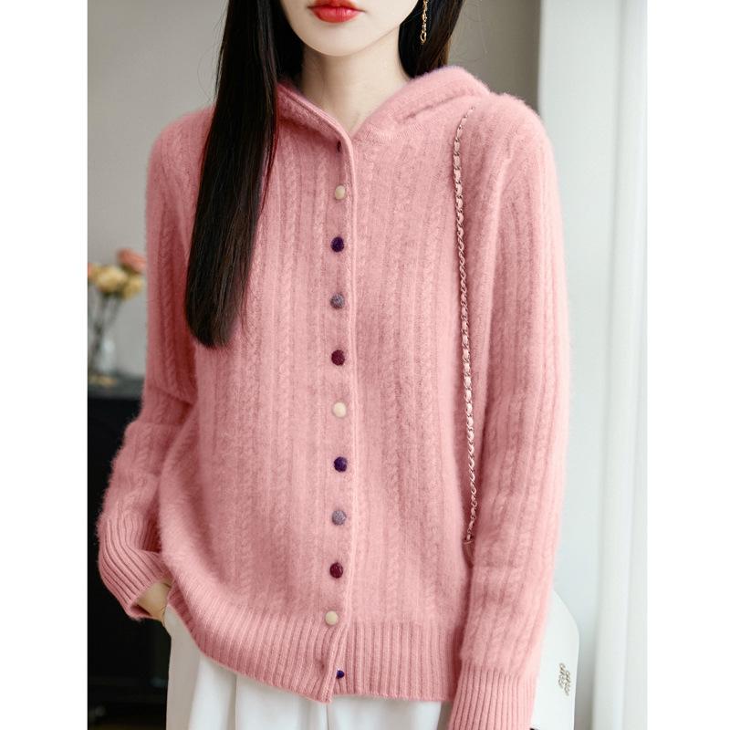 Autumn And Winter New Thickened Hooded Wool Cardigan Women'S Twisted Flower Simple Casual Lazy Wind Knitted Sweater Jacket