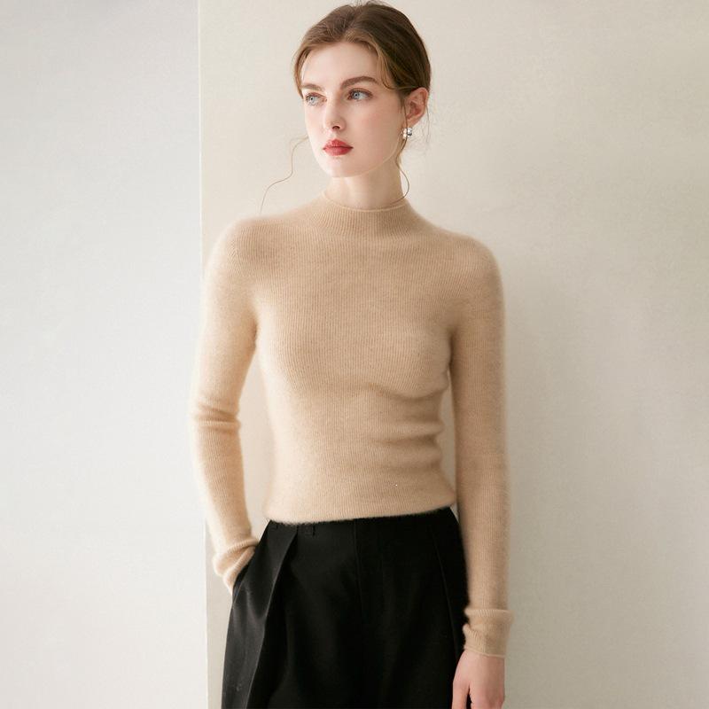 Women's 100% Pure Cashmere Seamless Half-High Collar Slim Fit Sweater - Perfect Knit Base for Autumn/Winter