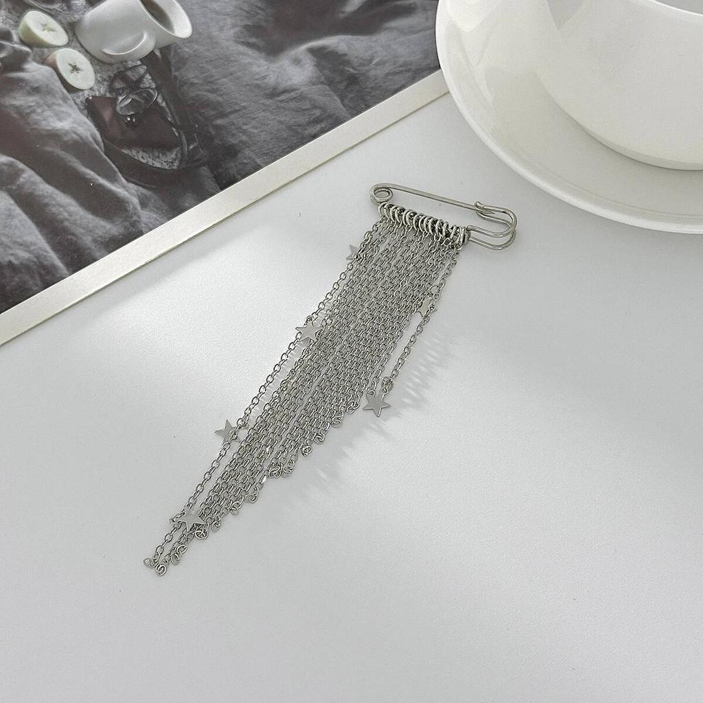 Salircon New Irregular Star Tassel Metal Chain Pendant Tassel Brooch Women Charm Suit Shortened Pins Daily Wear Accessories Gift