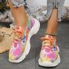 Atmungsaktive Sportschuhe für Damen in Übergröße, Flyknit Mesh, lässiger Einzelschuh, Blumendruck, farbige Vorderseite, Schnürung, flache Sohle, Sneaker, 35–43