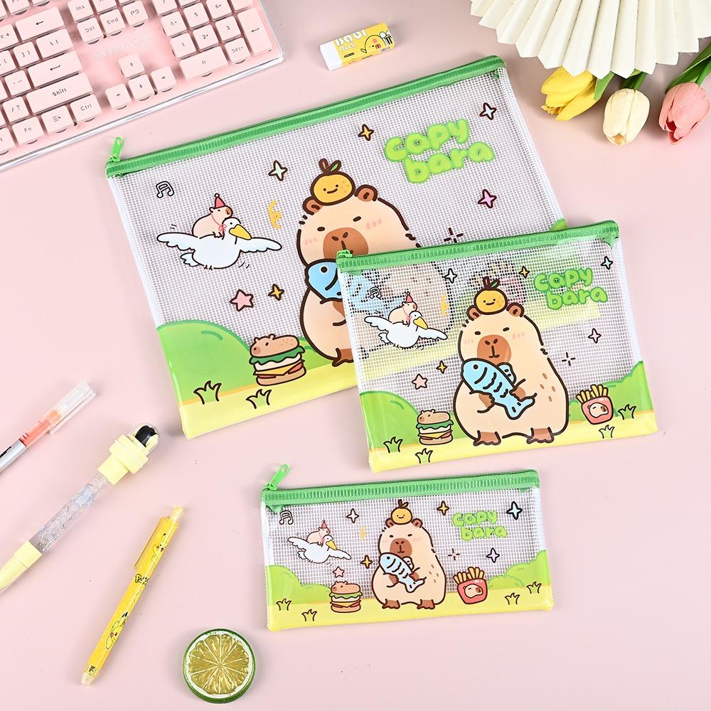 3PCS Cartoon PVC Mesh File Bag Capybara Large Capacity Zipper Pen Bag Waterproof Transparent Grid Storage Bag