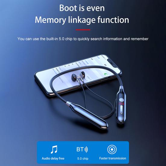 Wireless Earphone Noise Cancelling Long Standby Time LED Digital Display Bluetooth-compatible5.0 Lossless Neckband Headset for Calling