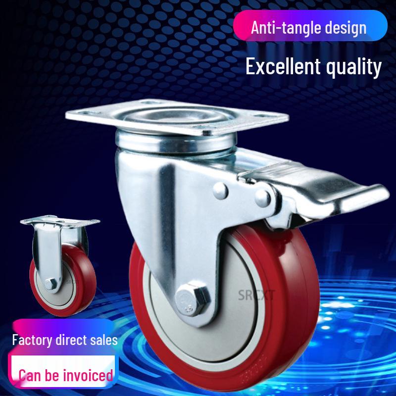 Medium Jujube Red Polyurethane Swivel Casters - 3", 4", 5" Anti-Winding, Wear-Resistant PU Rubber Wheels for Hand Carts.