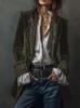 2025 Women's Long Sleeve Solid Color Velvet and Lace Patchwork Jacket