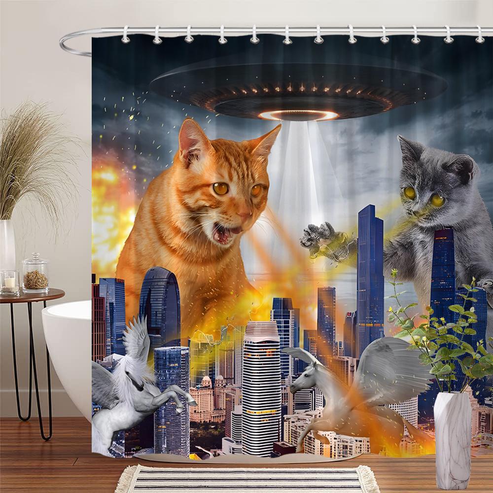 

Enhance Your Bathroom Decor With A Waterproof Shower Curtain Featuring Epic Cats In An Urban Fantasy Scene For Style W60H190(CM)-1 Pcs