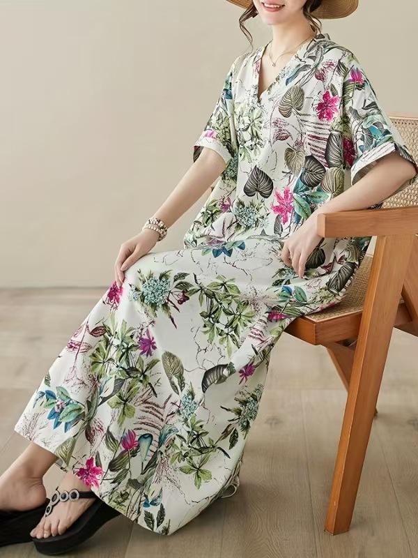 Women's V-Neck Floral Maxi Dress Short Sleeve Loose Boho Summer Dress