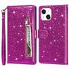 For iPhone 15 Glittery Zipper Pocket Leather Case Wallet Stand Anti-drop Phone Cover