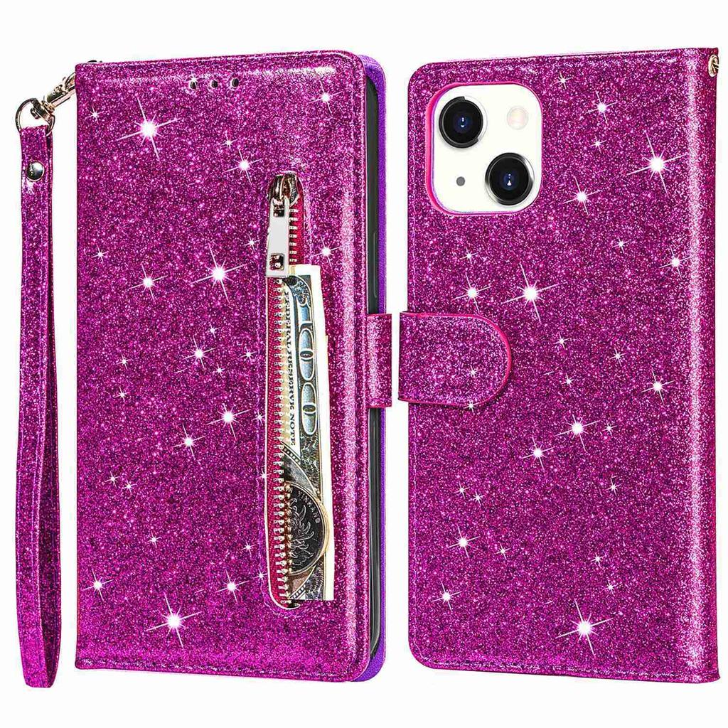 For iPhone 15 Glittery Zipper Pocket Leather Case Wallet Stand Anti-drop Phone Cover