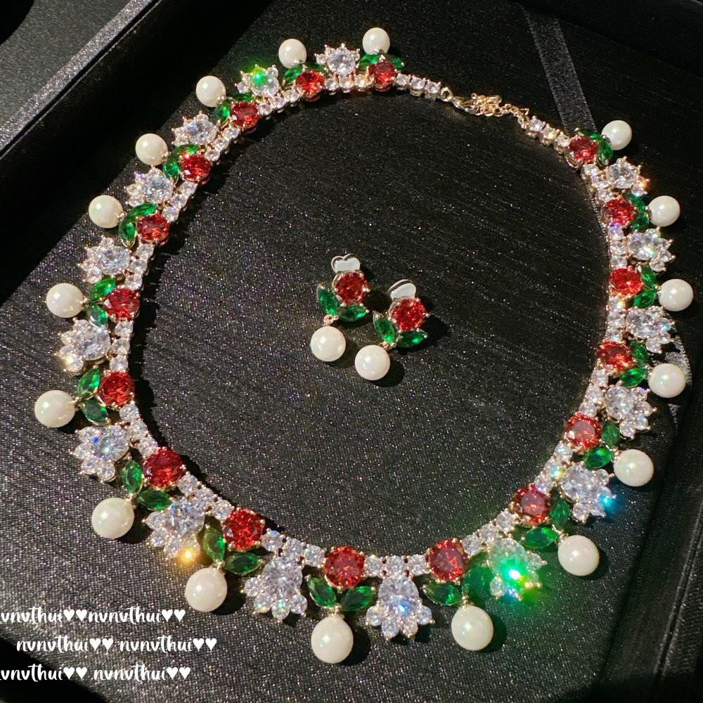 Flower Fairy Rainbow Gem Pearl Necklace, Tahiti, 18K Gold Plated, Flower Zircon Bead Earrings Set