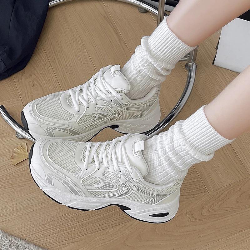 Spring and Autumn New Thick Sole Shallow Mouth Breathable Lace-up Match Color Sneakers Fashion Comfortable Casual Women's Shoes