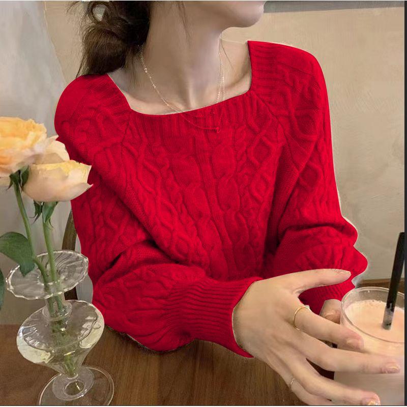 New Square Collar Retro Hemp Pattern Loose Knitwear