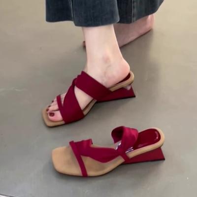 Fashion French Wedge Temperament Square Toe Women's Sandals 2025 Summer New One-strap Two-wear Slippers Open-toe High-heeled Sandals