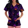 Women's short-sleeved Halloween print V-neck pocket protective work shirt