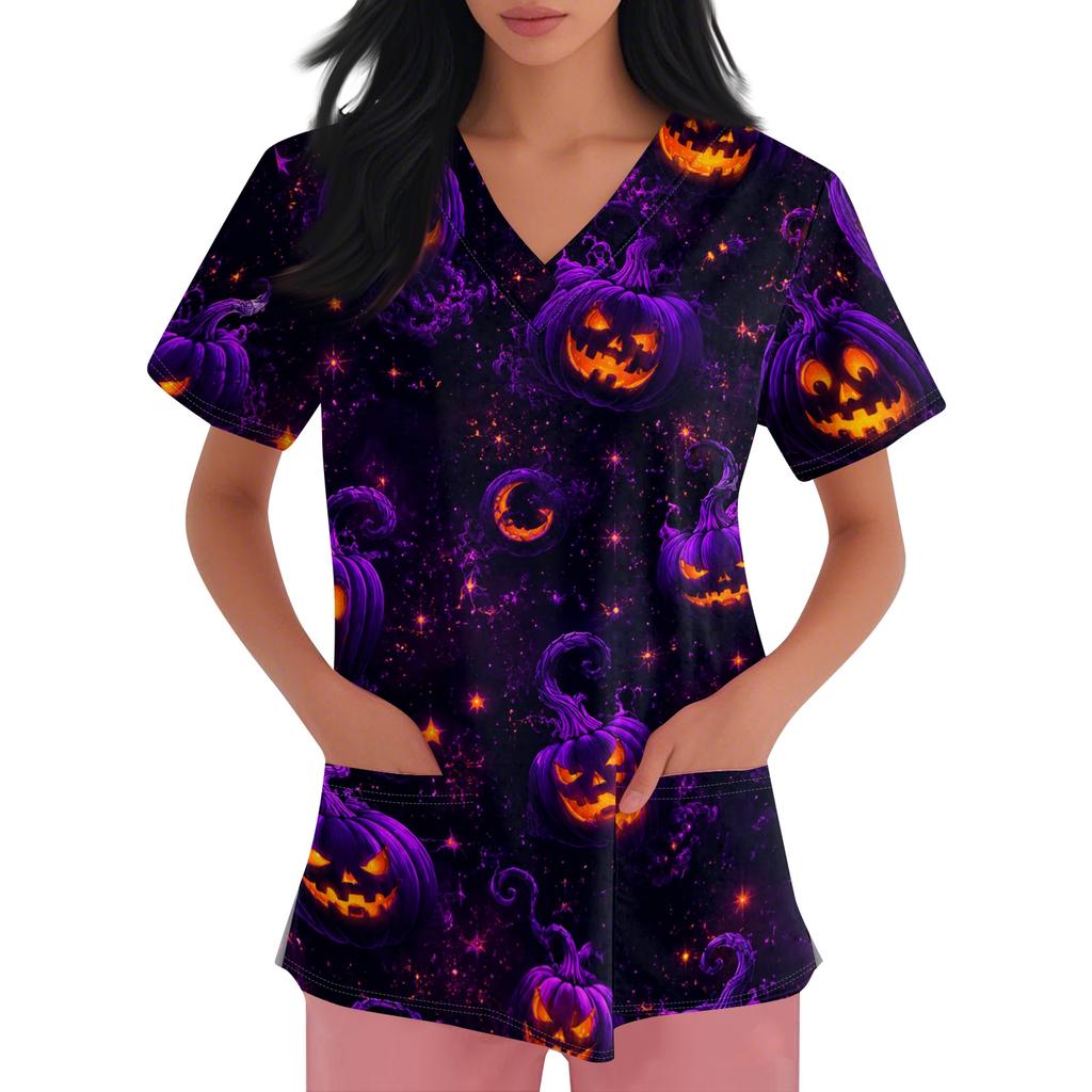 Women's short-sleeved Halloween print V-neck pocket protective work shirt