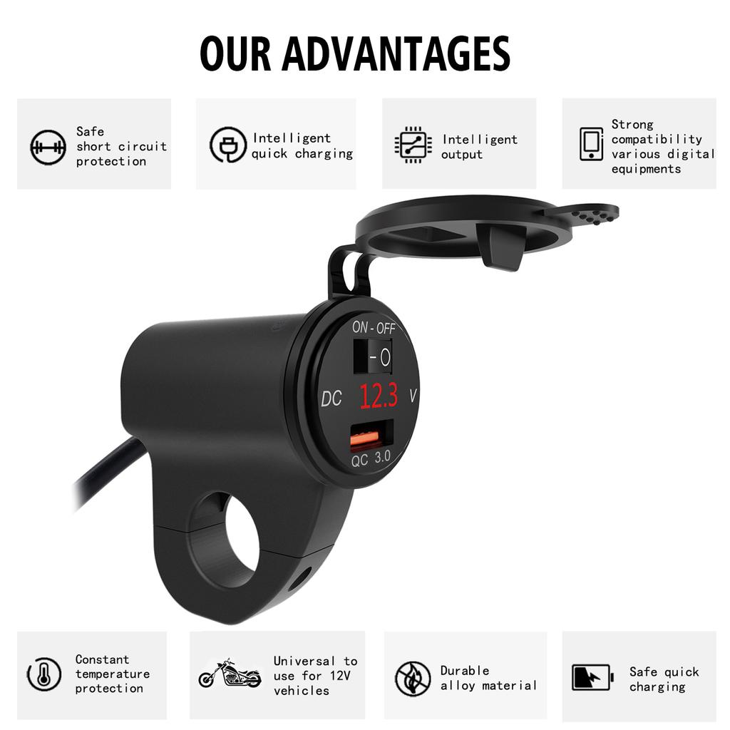 12V Motorcycle Handlebar 2.4A USB Adapter Charger with Digital Voltmeter Fits for 22mm-26mm Handlebars