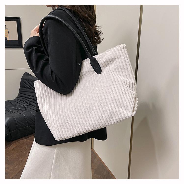 Korean Style Large Capacity Corduroy Tote - Autumn/Winter Fashion Commuter Shoulder Bag