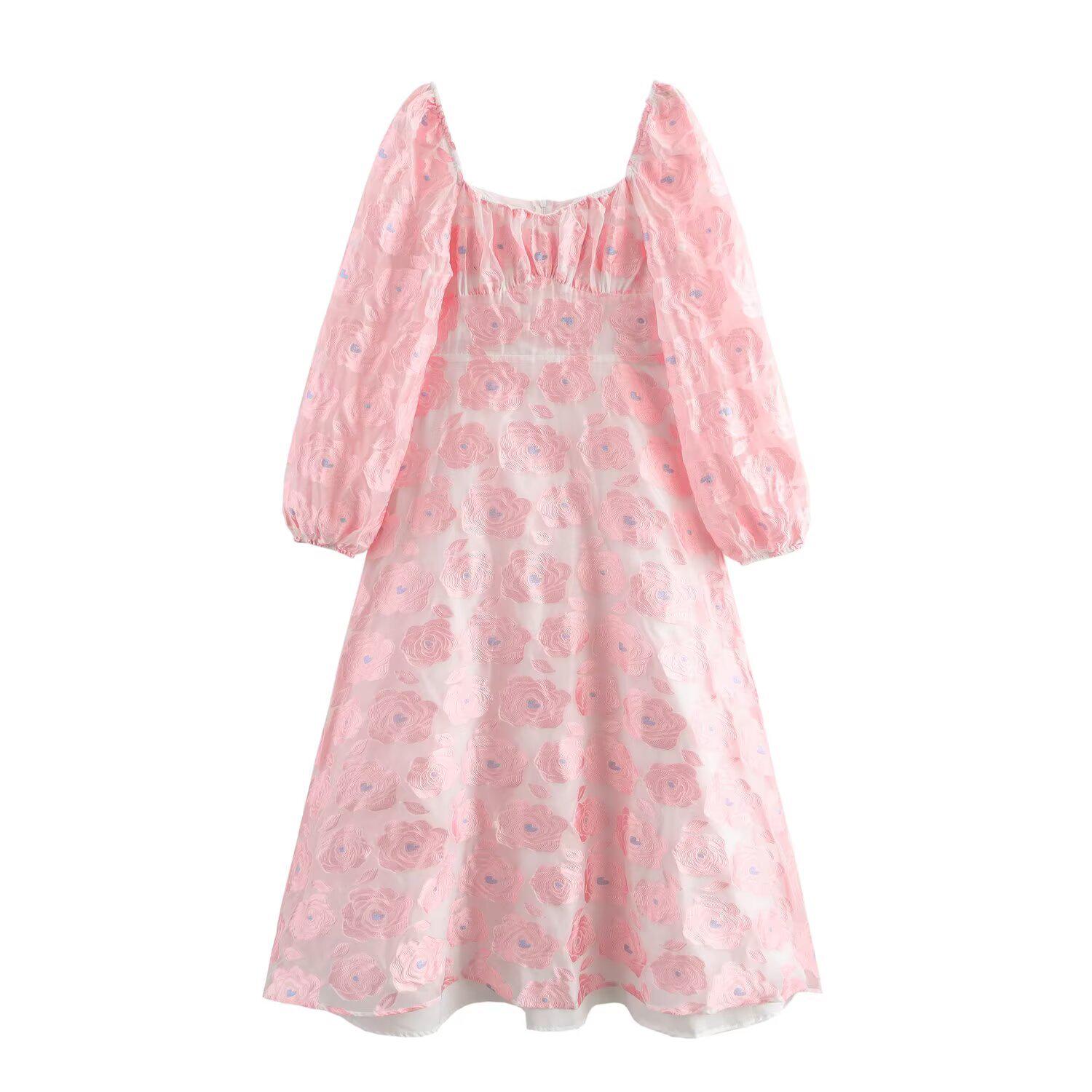 

Весна 2025 Женское жаккардовое платье в европейском и американском стиле с квадратным вырезом и рукавами-буфами L розовый