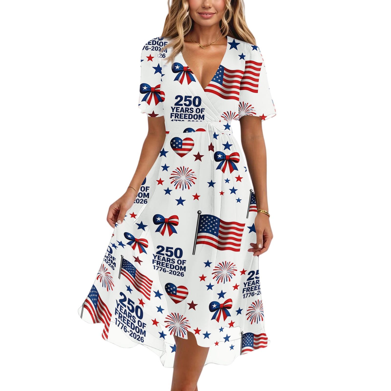 

Women’s V Neck Short Sleeve Casual Dress with Printed Pattern Relaxed Fit Lightweight Fabric for Everyday Wear L белый