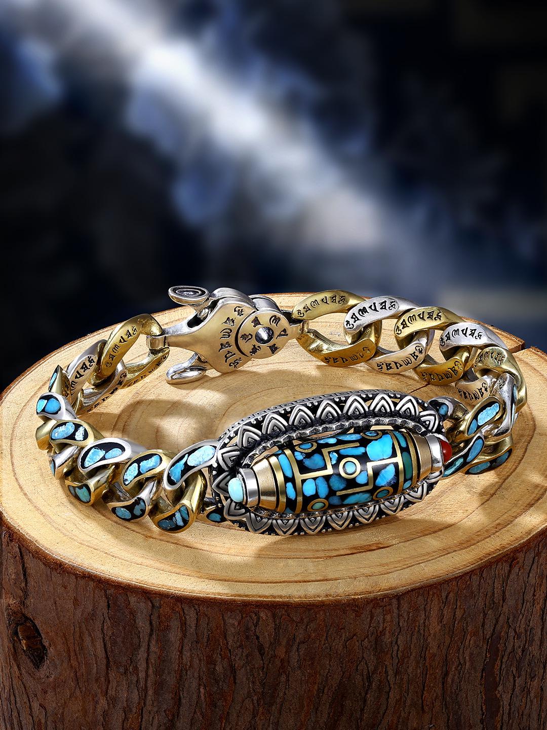 Sterling Silver Turquoise Dzi Bracelet with Six-Character Mantra