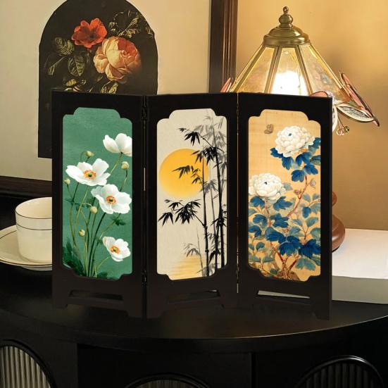 Yousheng Mini Floral Folding Screen Rustic 3 Panel Room Dividers Chinese Style Vintage Desktop Folding Screen Feng Shui Ornaments for Home Table Decor