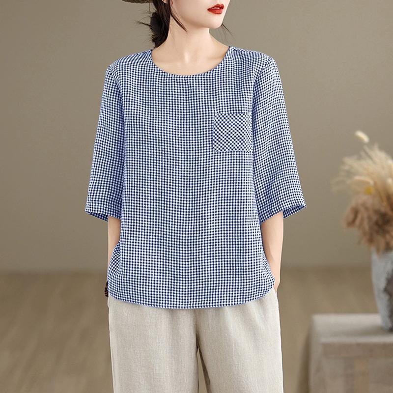 

ZANZEA Women Casual Round Neck 3/4 Sleeve Loose Plaid Print Blouse 3XL синій