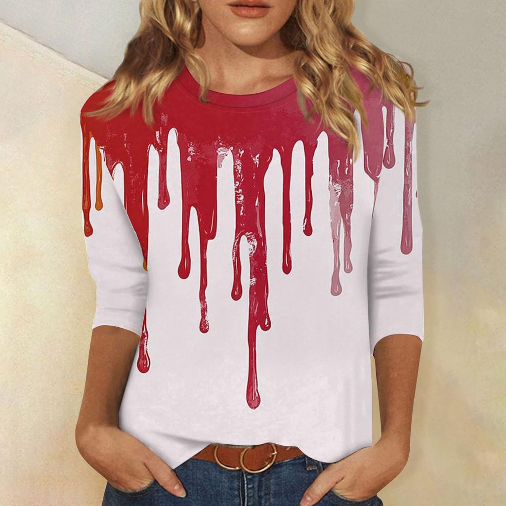 Women's Fashion Casual Three-quarter Sleeve Halloween Printed Round Neck Top