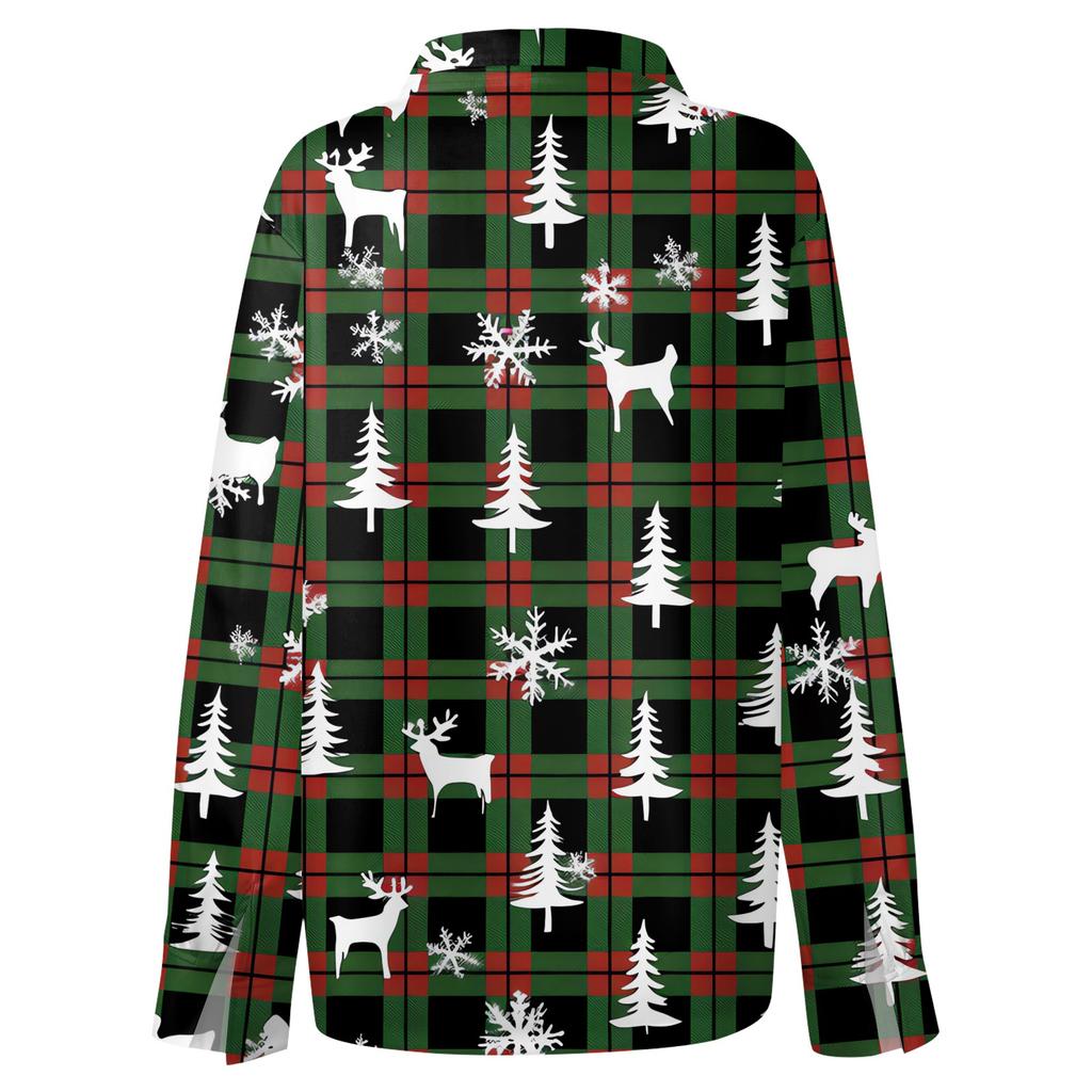 Skjortebluse for kvinner Juletrykkknapp Langermet Casual Basic skjortekrage Vanlig topp