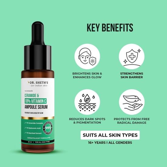 Dr. Shethovo nedráždivé sérum s ceramidy a 10% vitamínem C v ampulích | Redukuje matnou pleť a tmavé skvrny | Rozjasňuje a obnovuje kožní bariéru | 30 ml