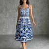 European and American Blue and White Printing Fashion Suspender Women's Dress Waist Slim Elegant Holiday Dress