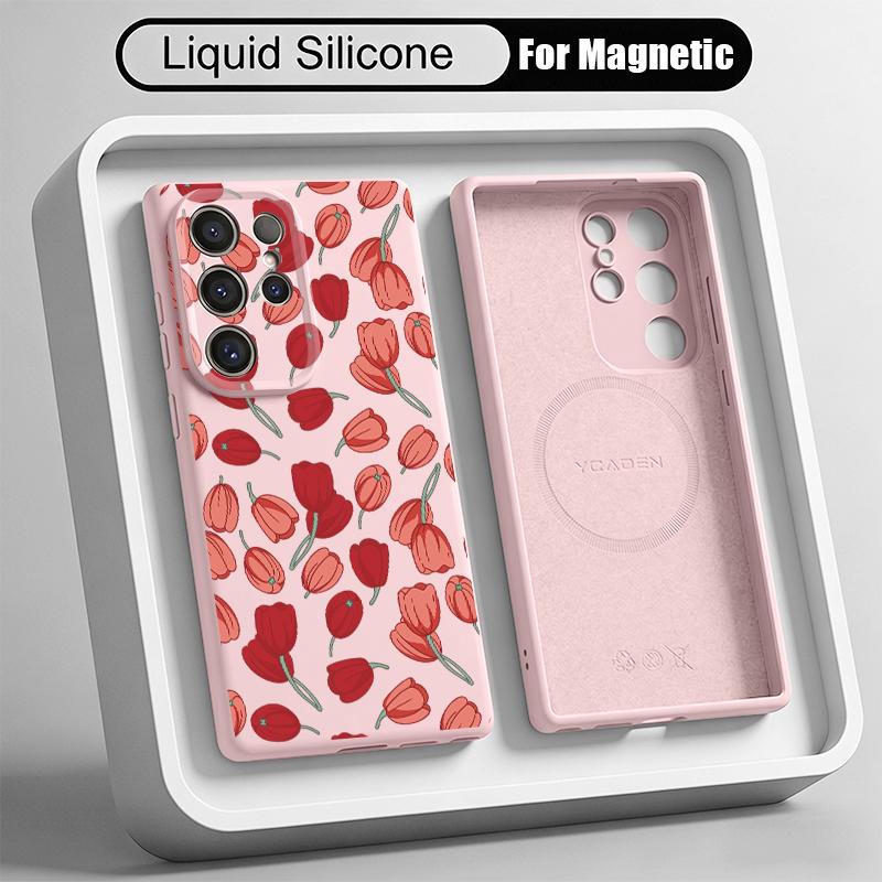 INS Floral Pattern Case For Samsung Galaxy S26 S25 Ultra S24 Plus S23 S22 Ultra Magnetic For Magsafe Liquid Silicone Cover