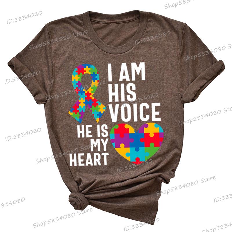 I Am His Voice He Is My Heart Shirt Autism Mom Tshirt Autism Heart Puzzle Graphic T Shirts Women Proud Mom Autism Classic Tops S