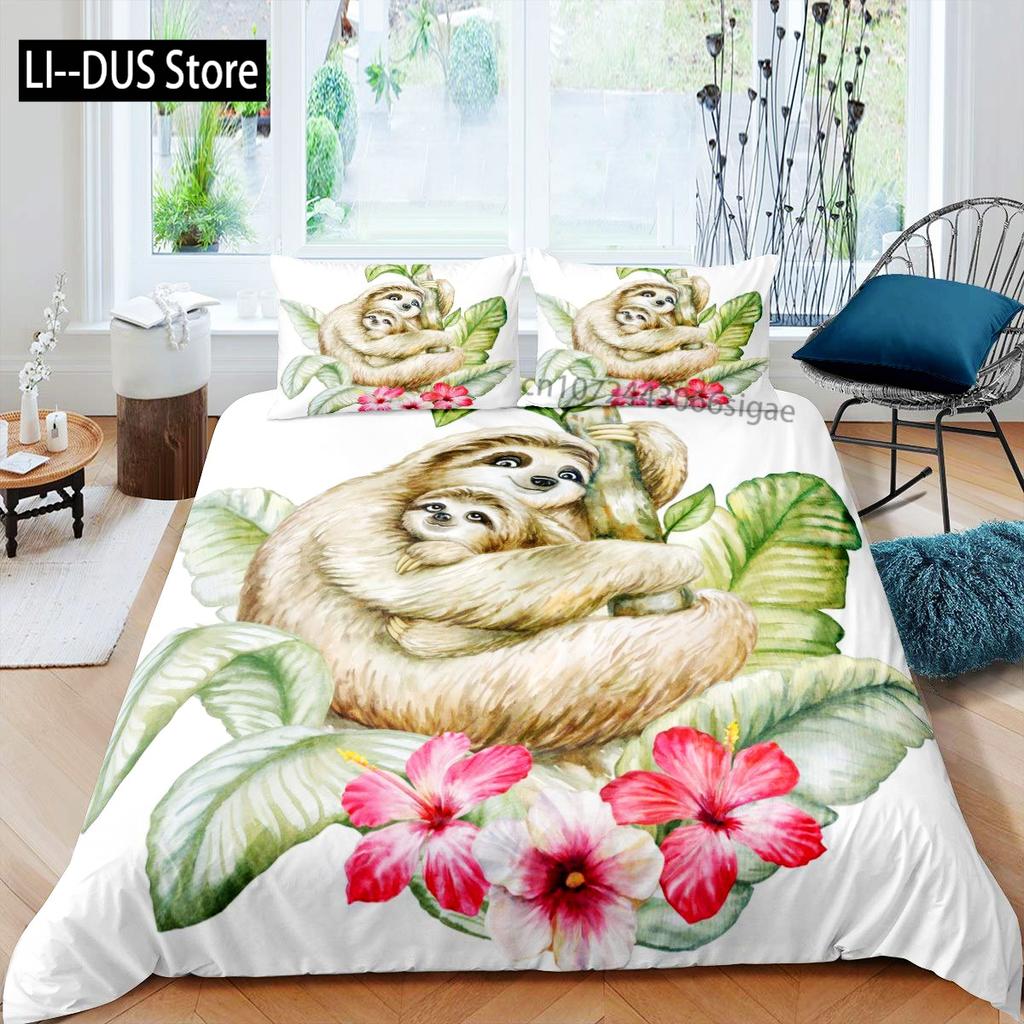 Sloth Duvet Cover Set Cartoon Character Sleeping on Branch Decorative 3 Piece Bedding Set with 2 Pillow Shams Queen Full Size