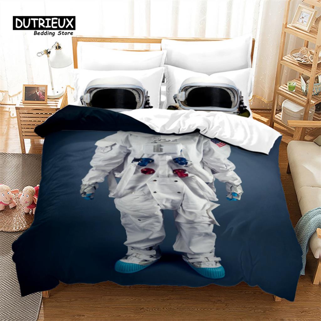 Cartoon Astronaut Duvet Cover King For Boys Girl Galaxy Space Bedding Set Microfiber Rocket Ship Space Adventure Comforter Cover