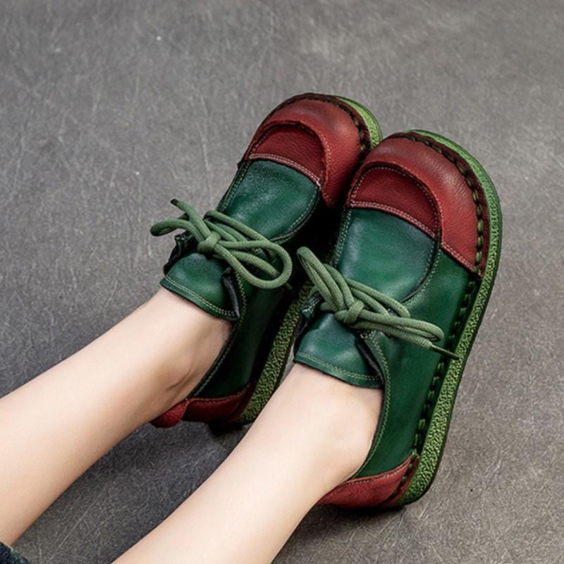Johnature Chaussures à lacets rétro en cuir véritable polyvalentes, couleurs mélangées, semelle souple, chaussures confortables pour femmes