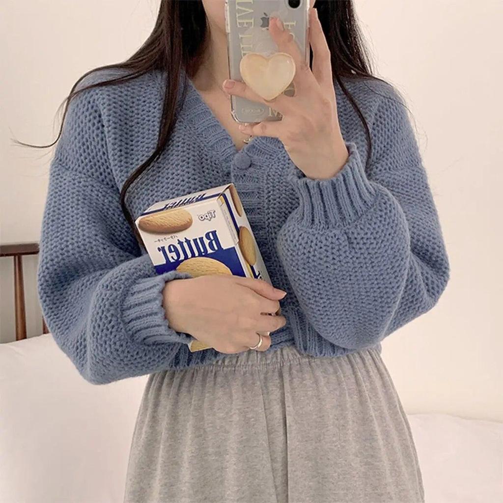 Sexy Sweet Short Knitted Cardigan Sweet Korean V Neck Lantern Sleeve Sweaters for Women Fall Wild Simple Cropped Pink Cardigan Coat