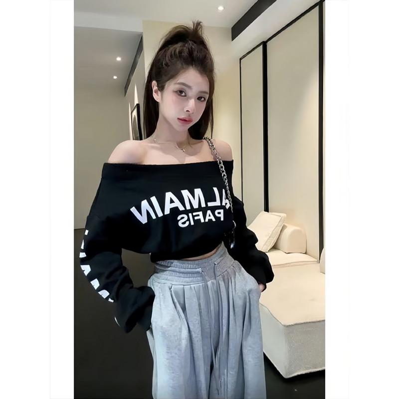Autumn New Pure One-length Neck Long-sleeved Top for Women Small Letter Print Short Off-shoulder Sweatshirt for Women