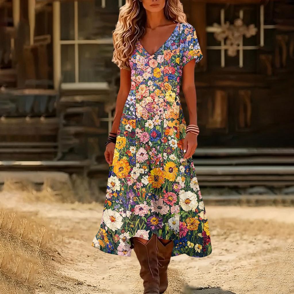 Fashionable women's summer V-neck short sleeved gradient printed beach dress