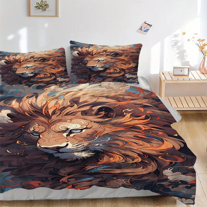 3pcs Lion Print Duvet Cover Set, Cover For Bedroom Guest Room (1 Duvet Cover + 2 Pillowcase, Without Quilt),  yy250922233