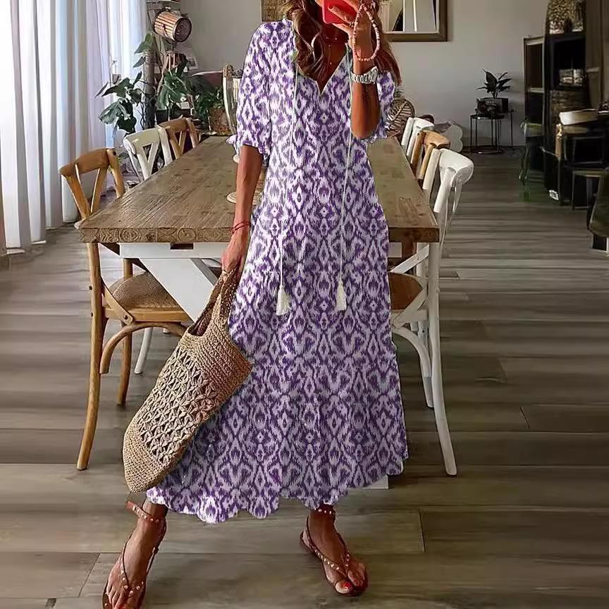 Summer Women V-neck Short Sleeved Long Dress Elegant Flower Printed Women's Loose Dress Bohemian Style Women's Clothing