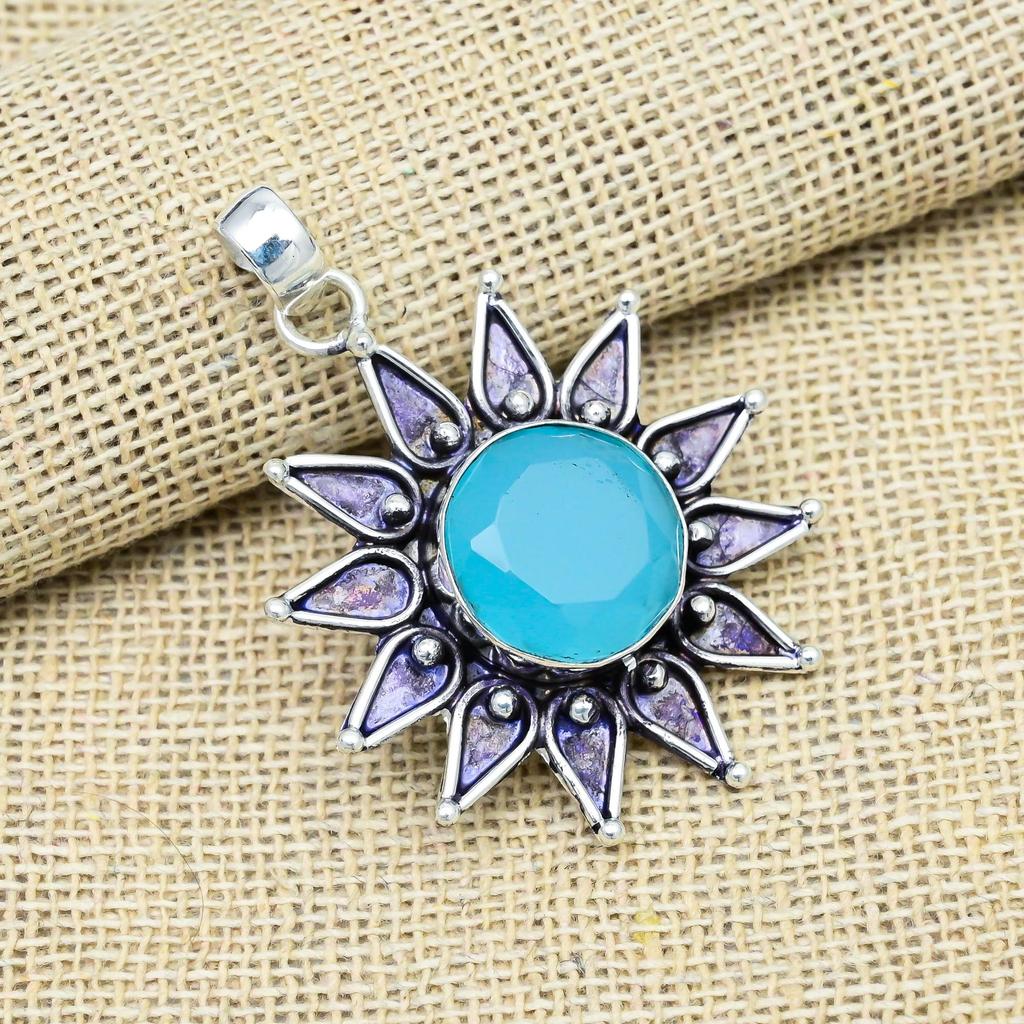Blue Chalcedony Gemstone Jewelry 925 Sterling Silver Handmade Wonderful Pendant For Women