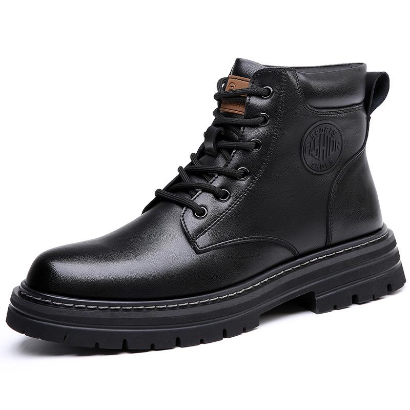 Rhubarb boots leather winter warm high-top locomotive thick-soled Martin boots men's big head tooling boots velvet men's leather boots