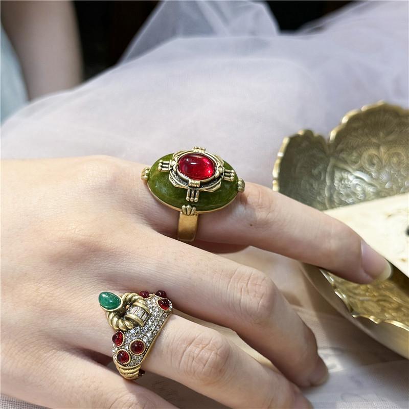 Vintage Retro Palastgrünes Emaille Rotes Glas Ringe Französische Goldfarbe für Damen Mode Hochzeits Schmuck Retro Braut Accessoires
