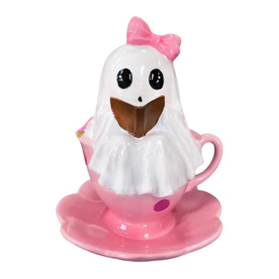 1/2Pcs Halloween Reading Ghost Figurine Pink Teacup Ghost Statue Resin Sculpture Home Office Holiday Party Desktop Decoration Ornament