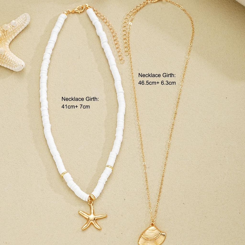 Dvoudílná sada módního náhrdelníku z měkké keramiky ve tvaru hvězdice a mušle, bosenský plážový prázdninový styl, vrstvený řetízek na klíční kost